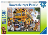 Colorful 150-piece puzzle featuring dogs dressed as school children around a yellow school bus in a city setting