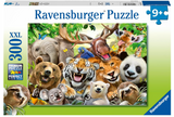 Colorful 300-piece puzzle featuring cheerful exotic animals including a tiger, lion, panda, elephant, and more in a jungle setting