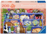 200-piece puzzle featuring cats lounging, climbing, and napping on a colorful shelf with various decorative items.