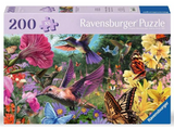 Box of Ravensburger 200-piece puzzle featuring colorful hummingbirds and butterflies in a vibrant garden scene