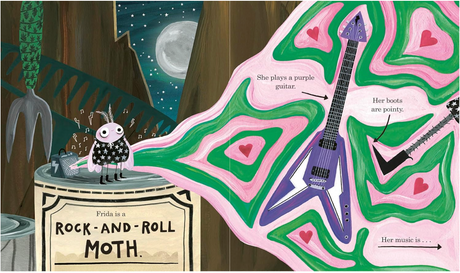 Frida the musical moth playing a purple guitar with pointy boots surrounded by colorful heart patterns at night.
