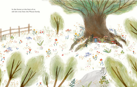 Illustration of a large old tree with a mouse family home at its roots surrounded by flowers and bushes in a peaceful forest setting.