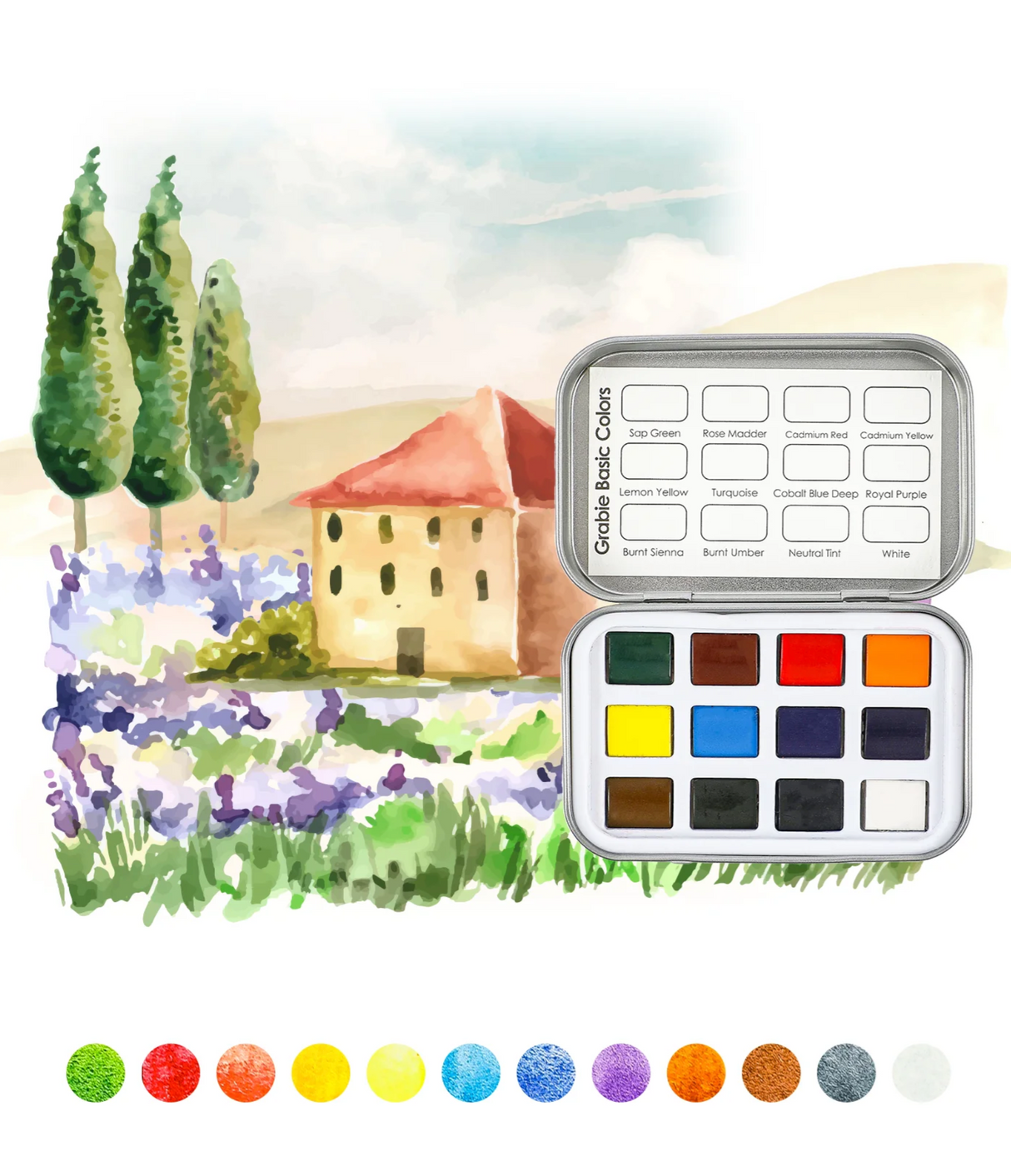 Pocket watercolor set with 12 vibrant half-pan paints displayed alongside a colorful countryside painting background