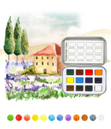 Pocket watercolor set with 12 vibrant half-pan paints displayed alongside a colorful countryside painting background