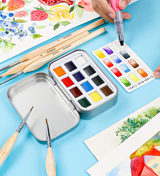 Portable watercolor set with 12 vibrant colors, brushes, and color guide for creative painting on the go