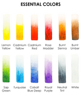 Twelve vibrant essential watercolor shades including yellows, reds, browns, greens, blues, purple, neutral, and white swatches.