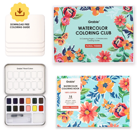 Watercolor coloring set with 12 floral hues, floral-themed book, and heavyweight cotton paper for creative painting.