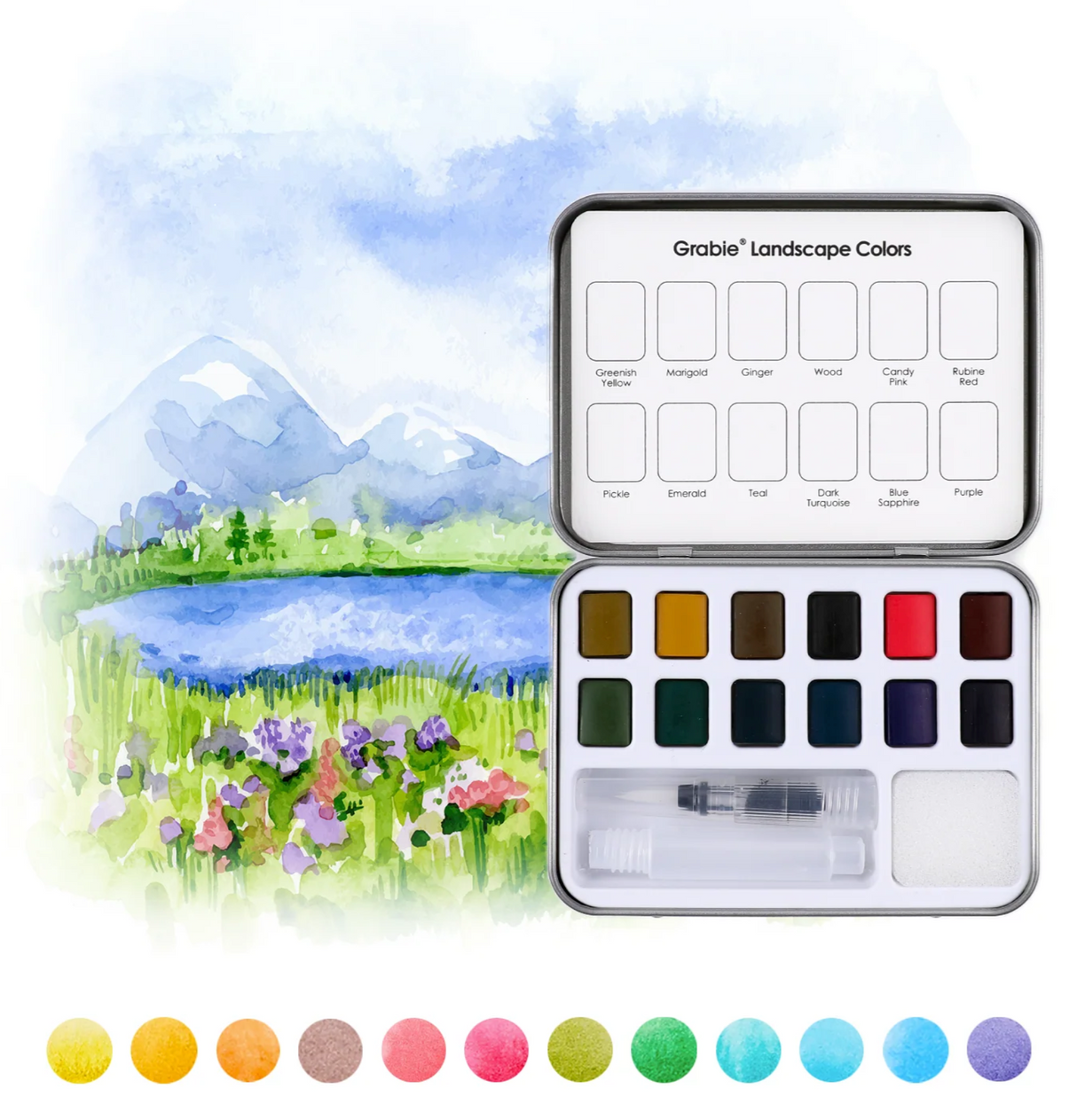 Compact watercolor set with 12 vibrant landscape colors, water brush, sponge, and premium paper for painting outdoors