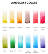 Twelve vibrant watercolor swatches in nature-inspired landscape shades arranged in two neat rows on white background.