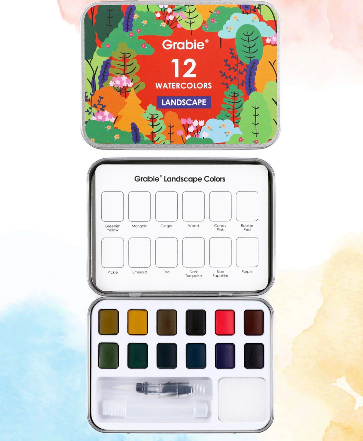 Open Grabie watercolor set showing 12 landscape-inspired shades with water brush and sponge in compact tin case