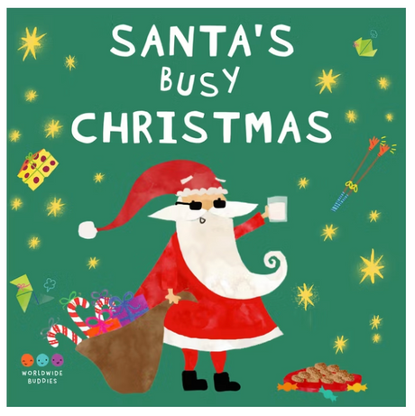 Santa in sunglasses holding a glass of milk with a sack of gifts surrounded by stars and cookies on a green background