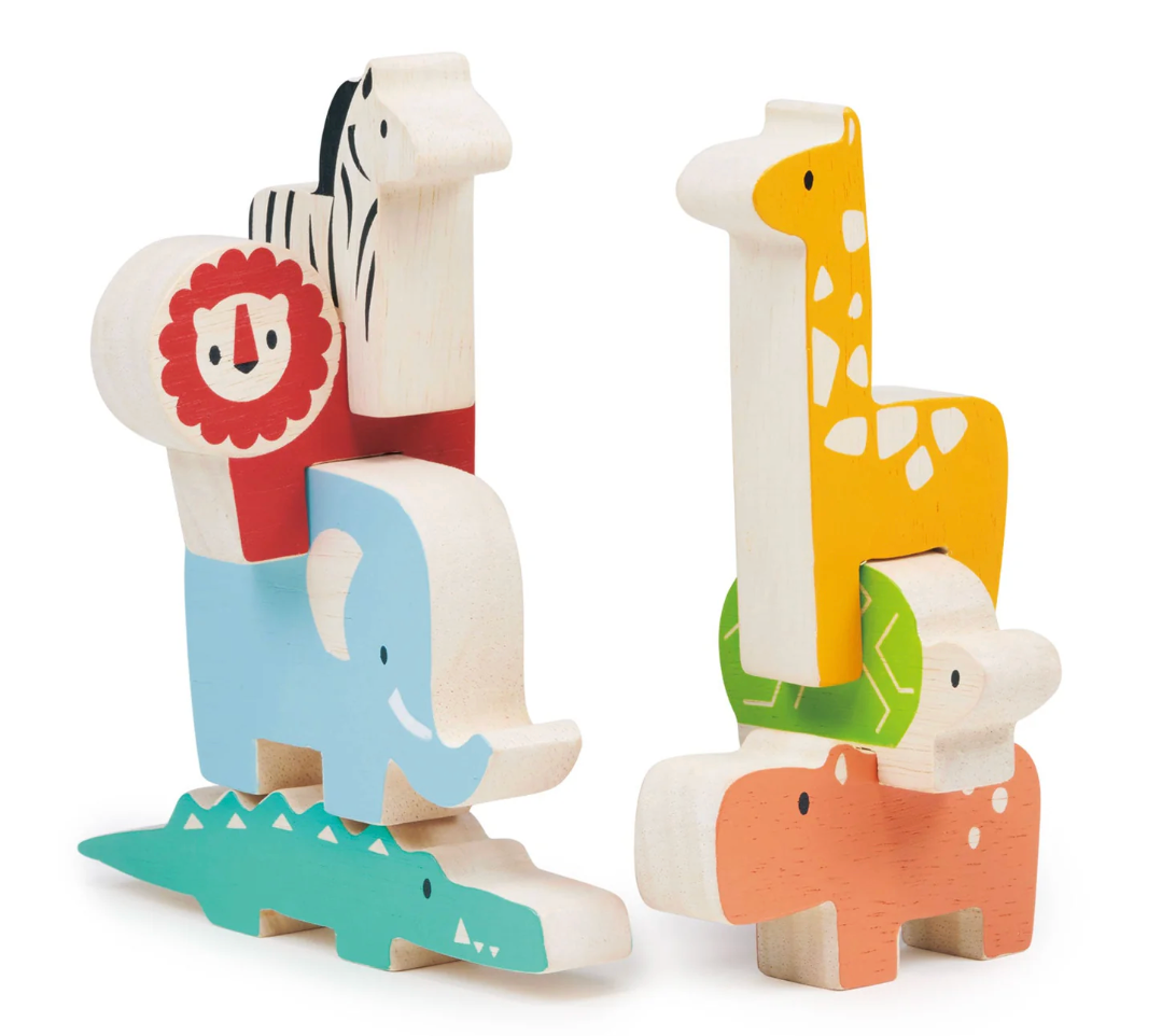 Wooden stacking safari animals including crocodile, elephant, lion, zebra, tortoise, hippo, and giraffe toy pieces for kids