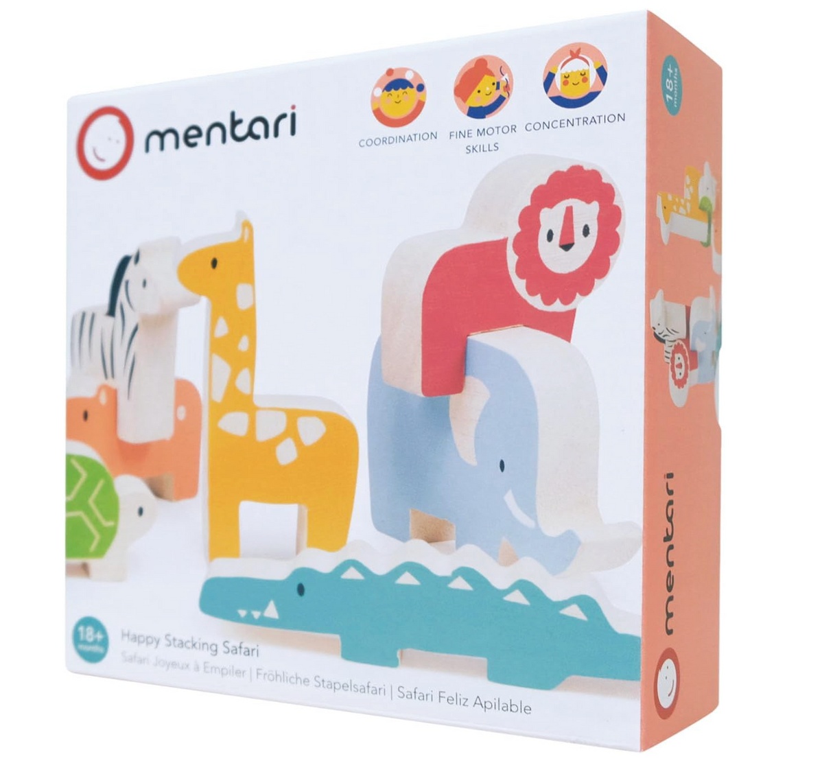 Wooden safari animal stacking toy set with lion, elephant, crocodile, giraffe, zebra, tortoise, and hippo in a colorful box