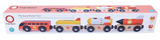 Wooden Space Rocket Train toy with red engine and three colorful rocket carriages ready for imaginative playtime adventure