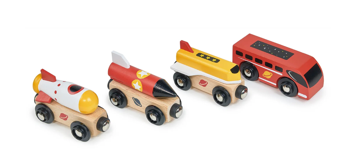 Wooden toy train set featuring a red engine and three colorful rocket-themed carriages for imaginative play.