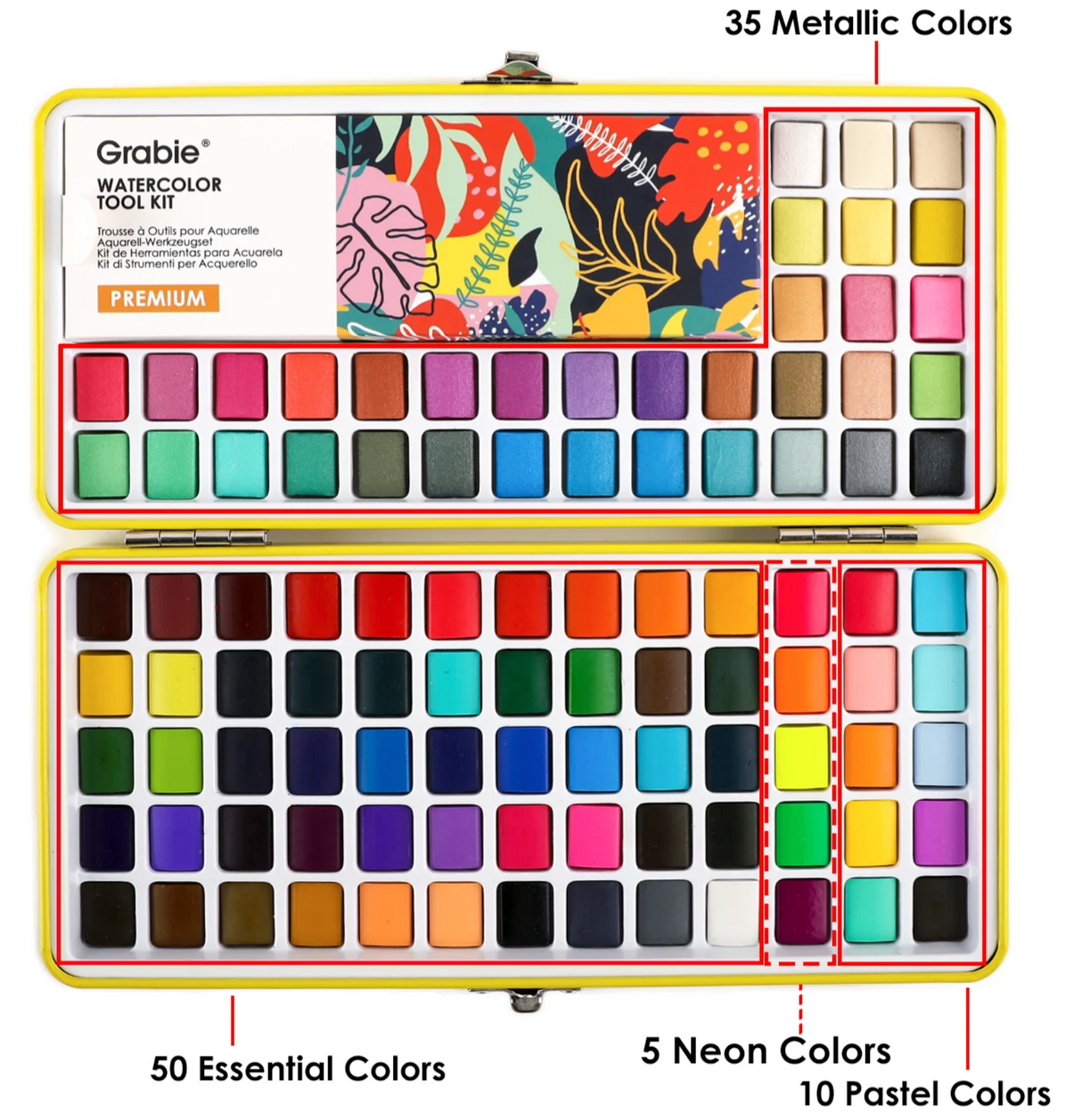 Open watercolor set with 100 vibrant colors including metallic, essential, neon, and pastel shades in a compact metal case