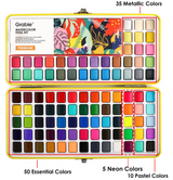 Open watercolor set with 100 vibrant colors including metallic, essential, neon, and pastel shades in a compact metal case