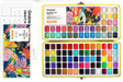 Open watercolor palette featuring 100 vibrant colors in a compact metal case with colorful swatch cards nearby