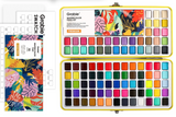 Open watercolor palette featuring 100 vibrant colors in a compact metal case with colorful swatch cards nearby