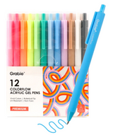 Set of 12 vibrant Colorflow acrylic gel pens with smooth ink and rollerball tips for bright, effortless writing and drawing.