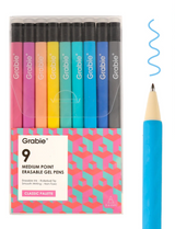 Set of nine colorful erasable gel pens with medium point and smooth ink for creative writing and drawing.