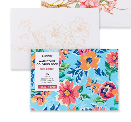 Floral-themed watercolor coloring book with vibrant flower designs on smooth 100% cotton paper for creative relaxation