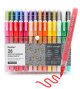 Set of 28 extra fine tip acrylic paint markers in vibrant colors with water-based, quick-drying ink for smooth lines.