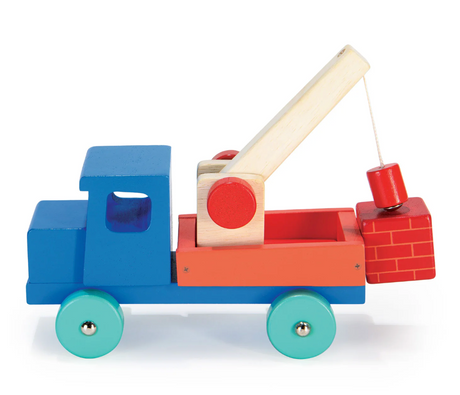 Colorful wooden toy truck with a red crane lifting a brick-patterned block on turquoise wheels