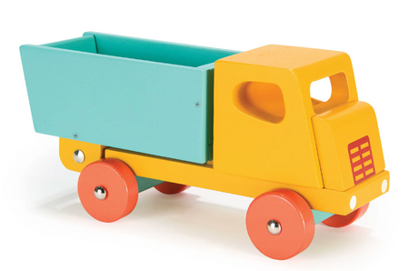 Bright yellow vintage-style toy lorry with orange wheels and a light blue tipping back section for kids age 3 and up