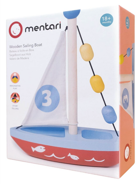Wooden Sailing Boat toy with blue and red hull, white sail numbered three, and colorful beads on rigging string