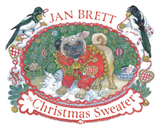 Illustration of a pug wearing a red Christmas sweater surrounded by festive evergreen branches and two birds.