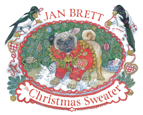 Illustration of a pug wearing a red Christmas sweater surrounded by festive evergreen branches and two birds.