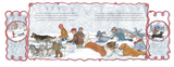 People and dogs play happily in the snow, dressed warmly for a joyful winter scene with sledding and walking.