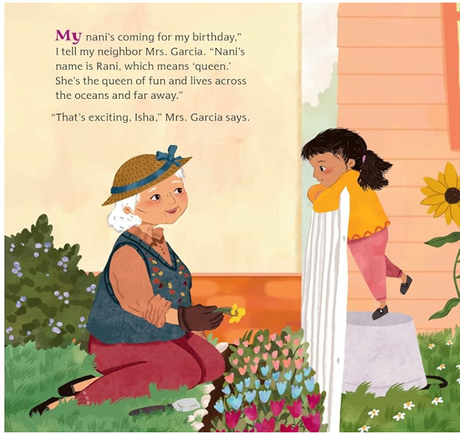 A grandmother gardening outside while her granddaughter watches nearby with a smile in a colorful backyard setting