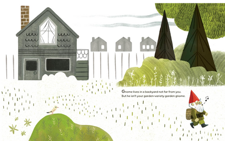 Illustration of a gnome walking in a backyard near a house and trees with a bird on a bush nearby