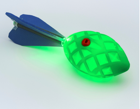Glowing green XL LED Whistle Missile with soft foam body and blue tail designed for long-distance, spinning throws.