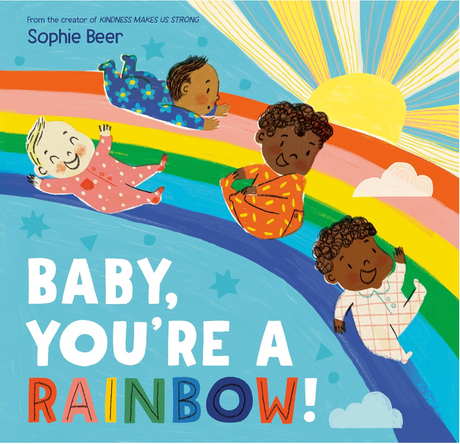 Colorful board book cover showing four happy babies playing on a vibrant rainbow under a bright sun.