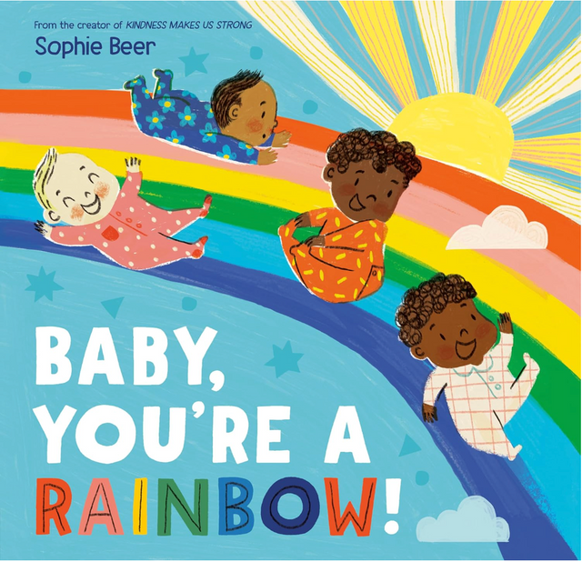 Colorful board book cover showing four happy babies playing on a vibrant rainbow under a bright sun.