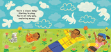 Illustrated board book page with a baby, family, clouds, and flowers celebrating joy and playfulness outdoors.