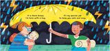 Colorful illustration of two adults sheltering a baby with a large yellow umbrella during a stormy rain and lightning scene