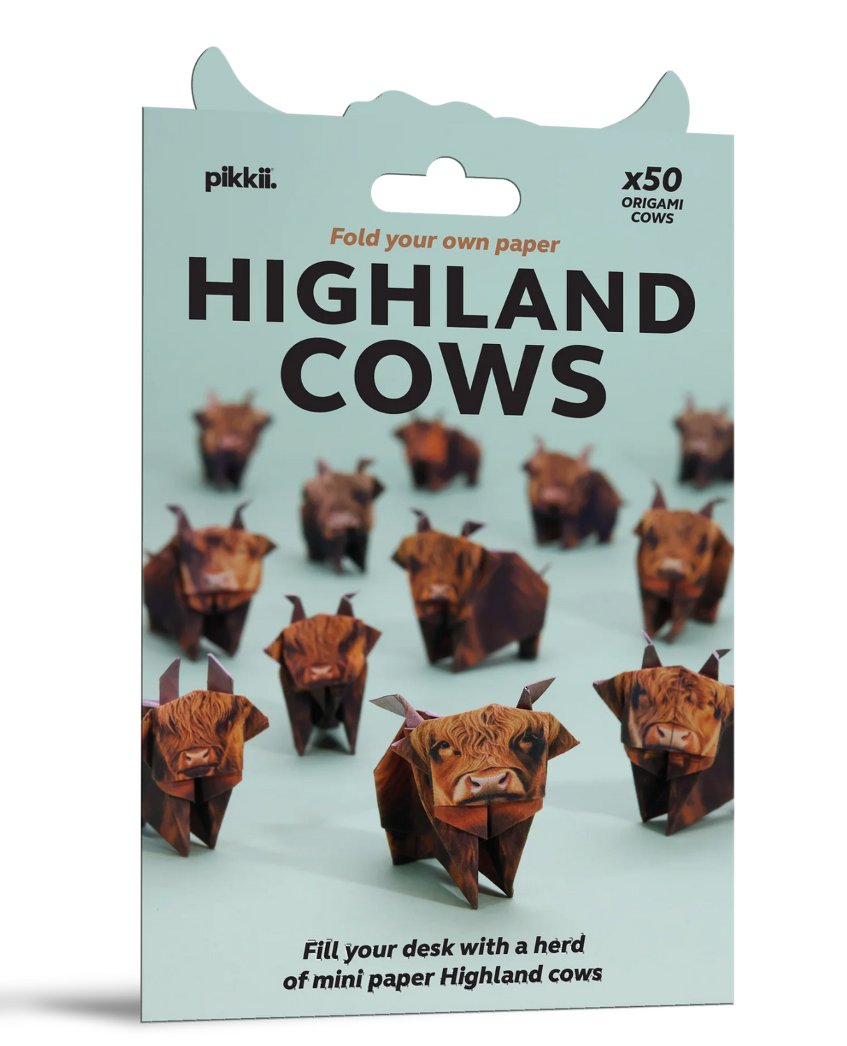 Origami kit packaging shows 50 fold-your-own mini Highland cows made from pre-printed paper sheets.