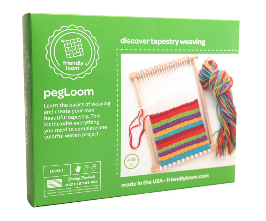 pegLoom weaving kit with colorful yarn and wooden loom for creating beautiful tapestry projects at home
