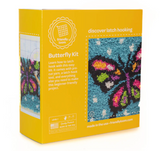 Bright butterfly latch hooking kit packaging with colorful wool yarn design and beginner-friendly tools included