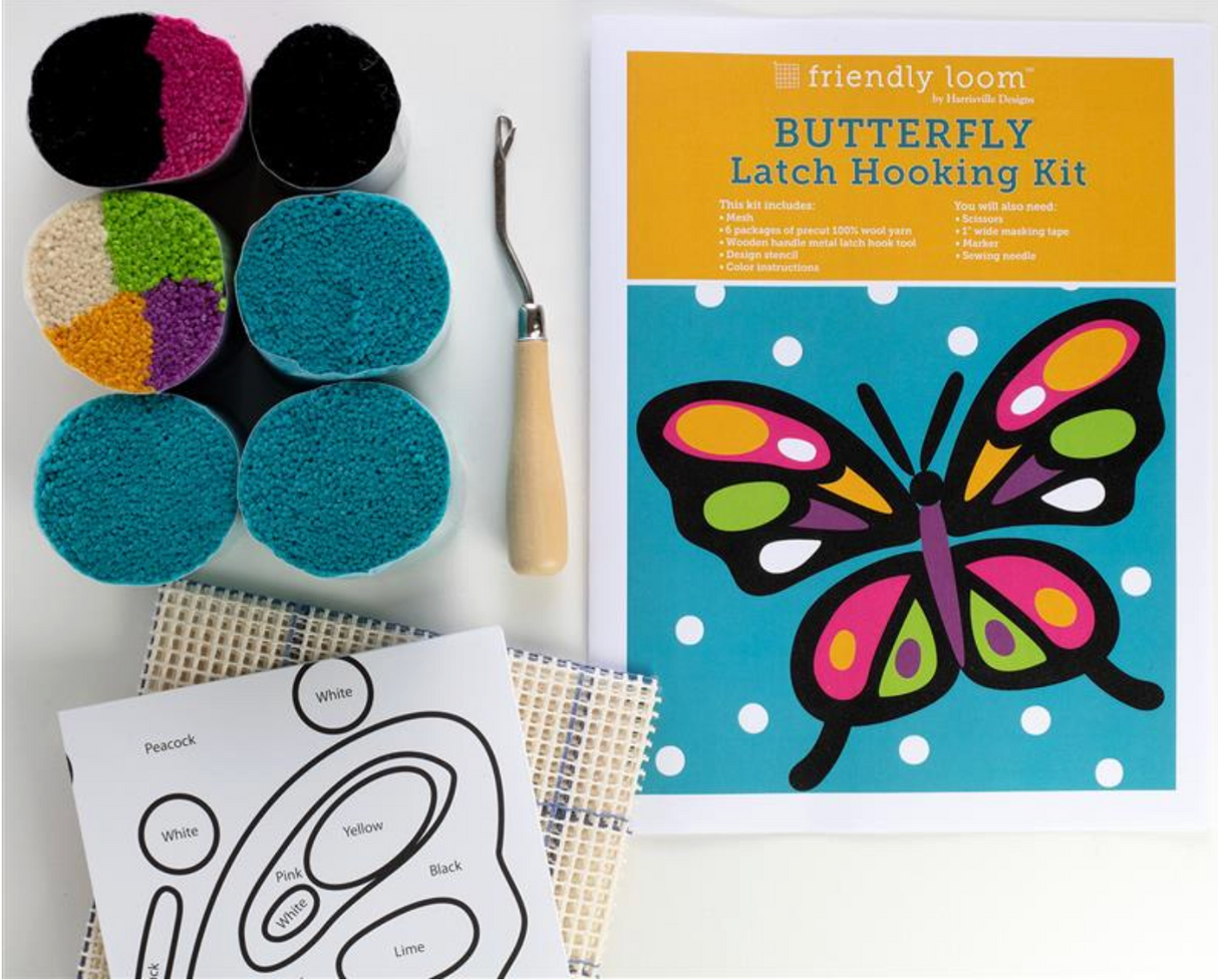 Latch hooking kit with colorful wool yarn, latch hook tool, canvas, and butterfly pattern for a 12 inch rug project