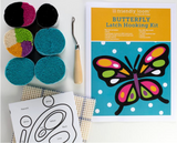 Latch hooking kit with colorful wool yarn, latch hook tool, canvas, and butterfly pattern for a 12 inch rug project