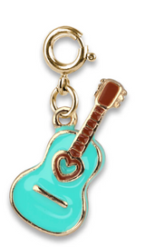Gold charm shaped like a turquoise guitar with a heart design on the body and a round clasp attachment.
