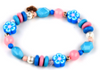 Charmable stretch bead bracelet with blue flower beads, pink, blue, and pearl accents for a playful, colorful look