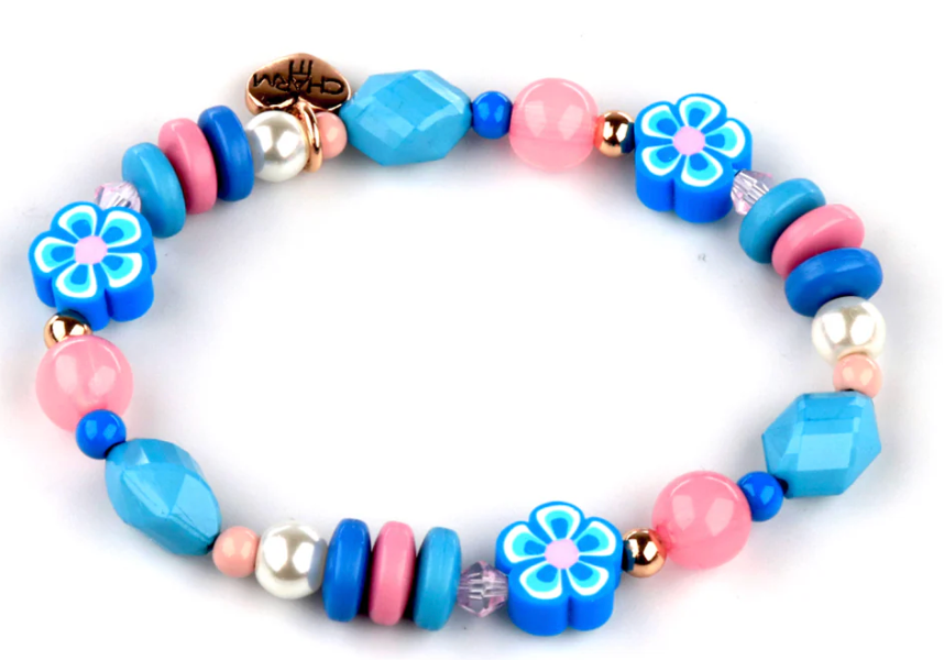 Charmable stretch bead bracelet with blue flower beads, pink, blue, and pearl accents for a playful, colorful look