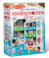 Melissa & Doug wooden vending machine play set with colorful snacks and numbered buttons for kids to sort and stock items