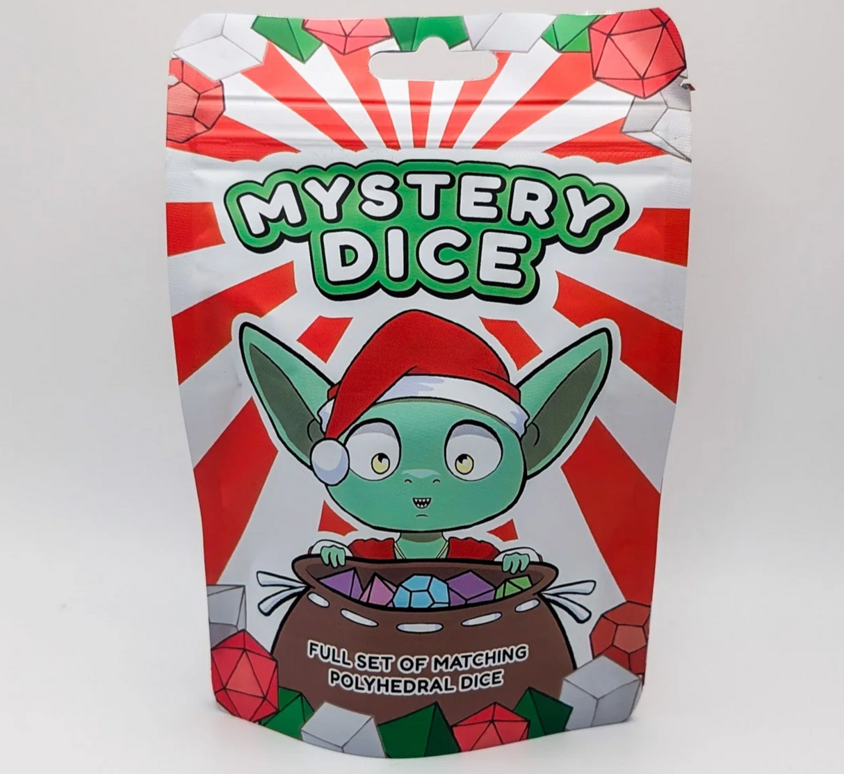Festive Mystery Dice Goblin bag with colorful polyhedral dice set perfect for holiday tabletop gaming gifts.